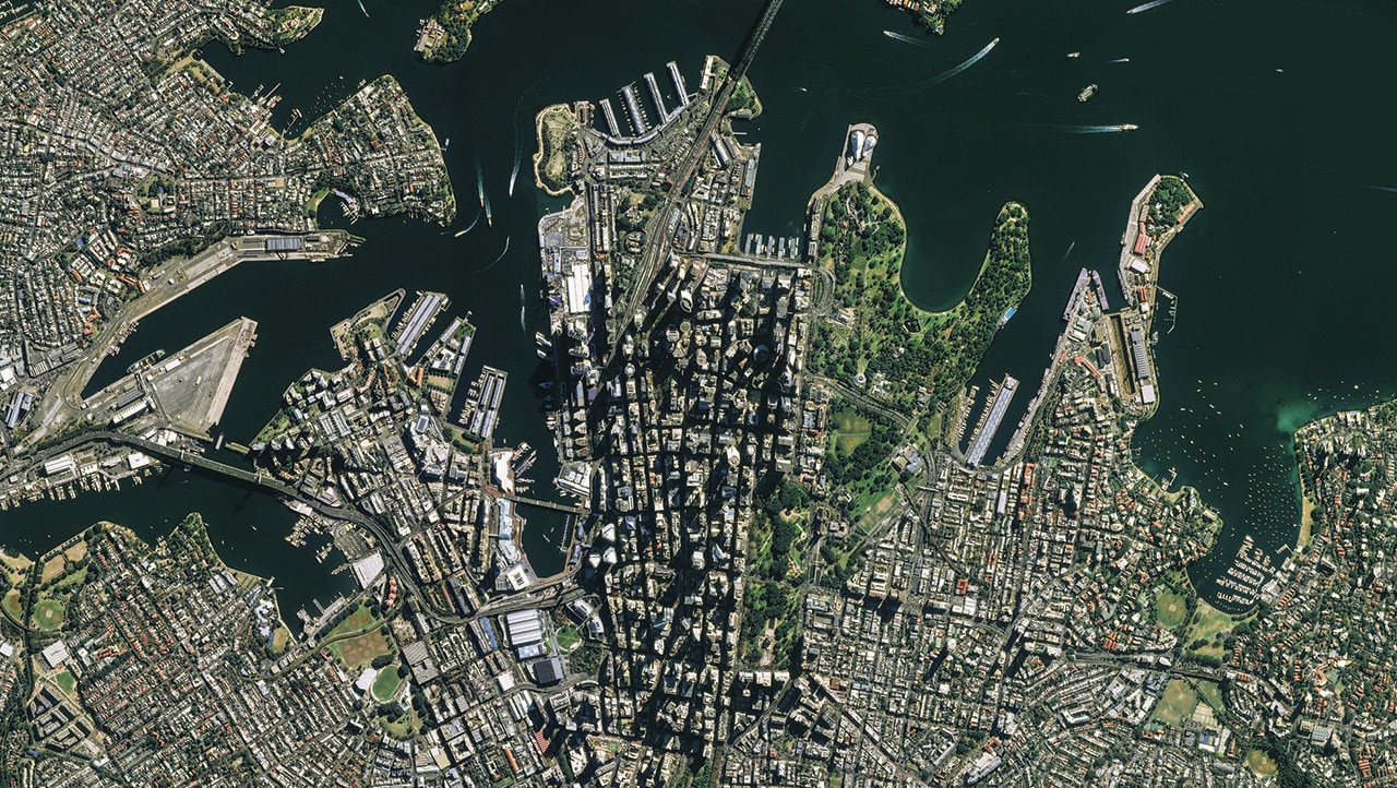 Geospatial view of a city and its land mass