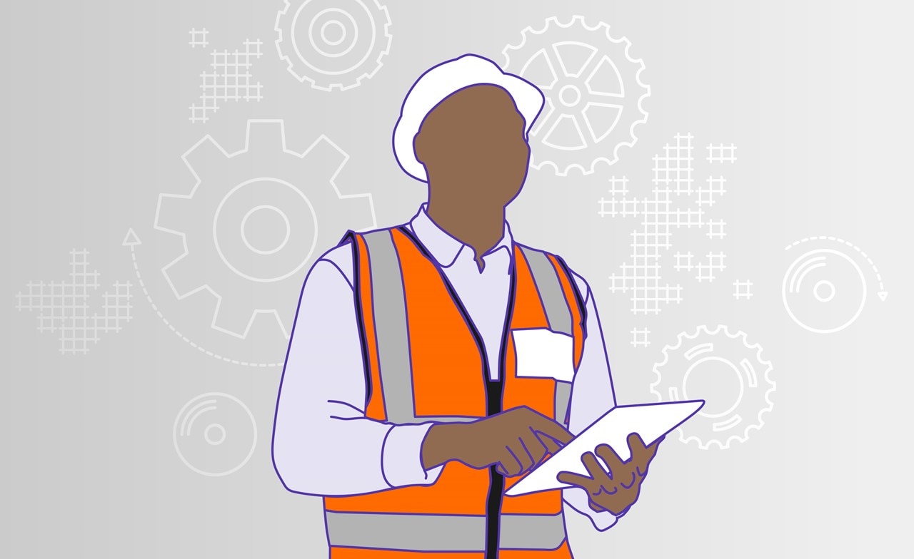 Illustration of an engineer wearing a hardhat holding a tablet