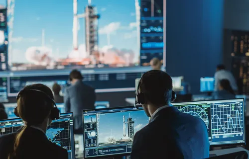 vue d'un lancement depuis la salle de contrôle de la mission