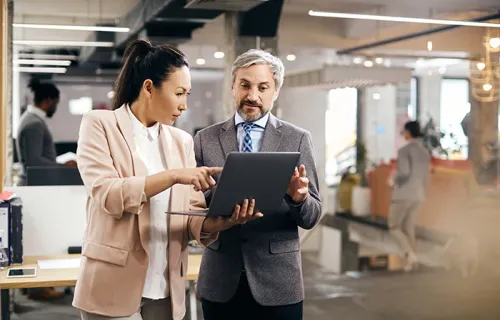 two professionals looking at a laptop