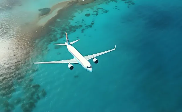Ariel view of an airplane flying over a sea