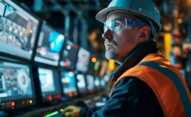 Utility worker in a control room, analyzing data on large screens showing grid performance 
