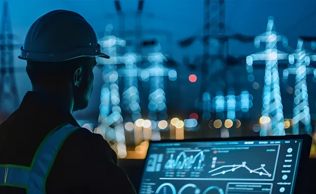 utilities engineer analyzing AI data on a screen with electricity pylons in background