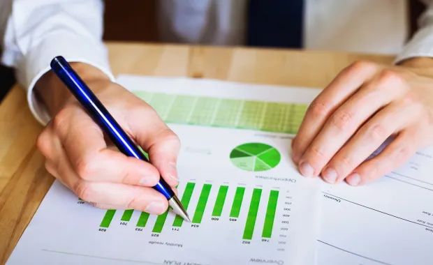 Professional reviewing graph with pen in one hand